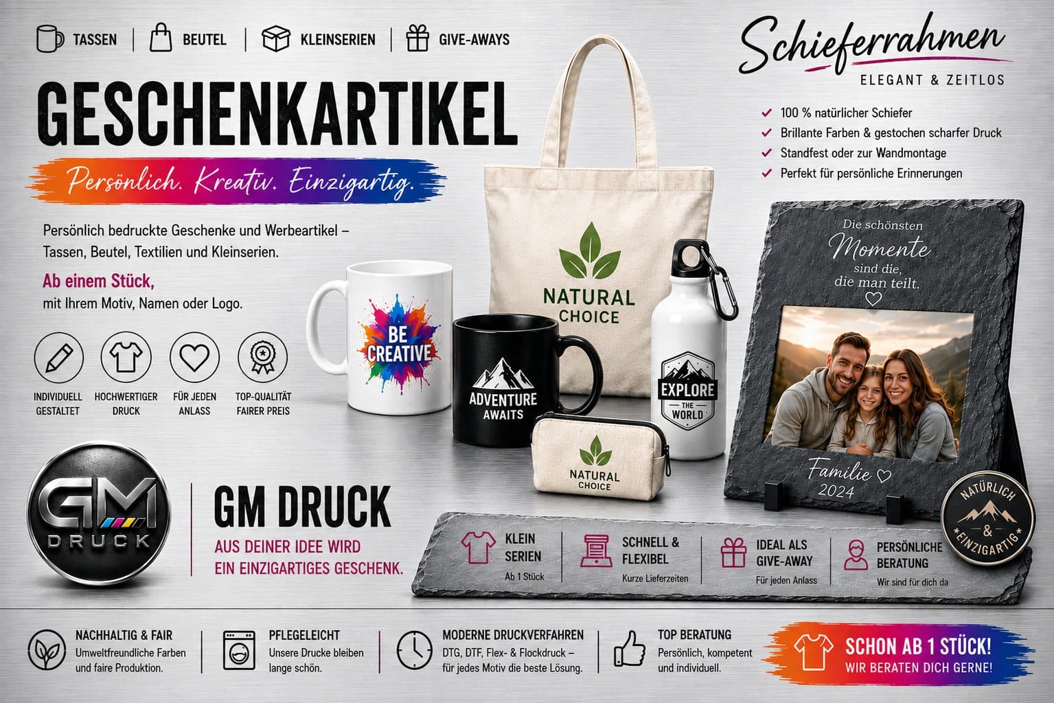 Bedruckte Geschenkartikel – Tassen, Beutel, Trinkflaschen und Schieferrahmen bei GM Druck