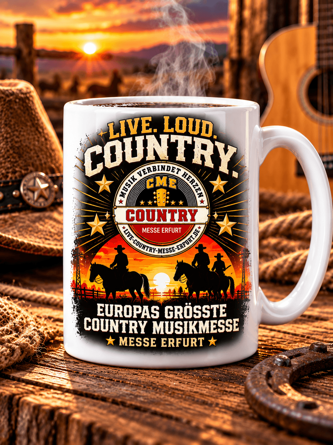Country Music Messe Erfurt – Live Loud Country Tasse mit Cowboy-Motiv — Bild 1